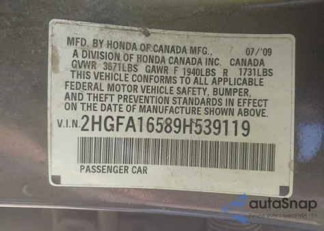 2009 Honda Civic Lx z USA, uszkodzony, nr VIN 2HGFA16589H539119
